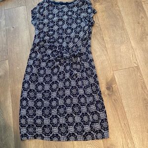 Faux Loft wrap dress, dark blue and white pattern, size M